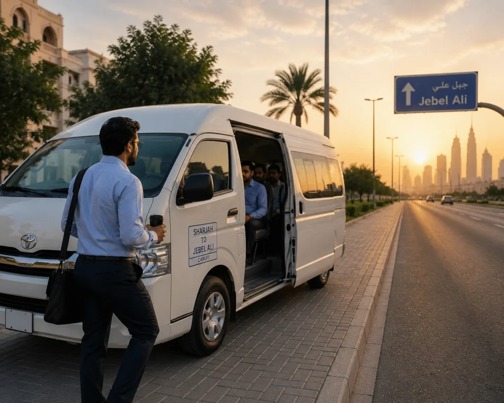 Professional commuter boarding a Toyota Hiace during sunrise in Sharjah, representing a sustainable and reliable long-term commuting routine between Sharjah and Jebel Ali.