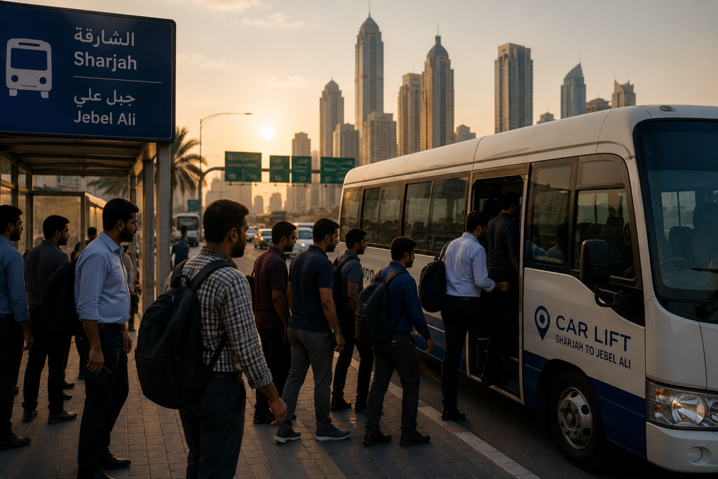 Employees using a Sharjah to Jebel Ali Carlift for their daily commute to work