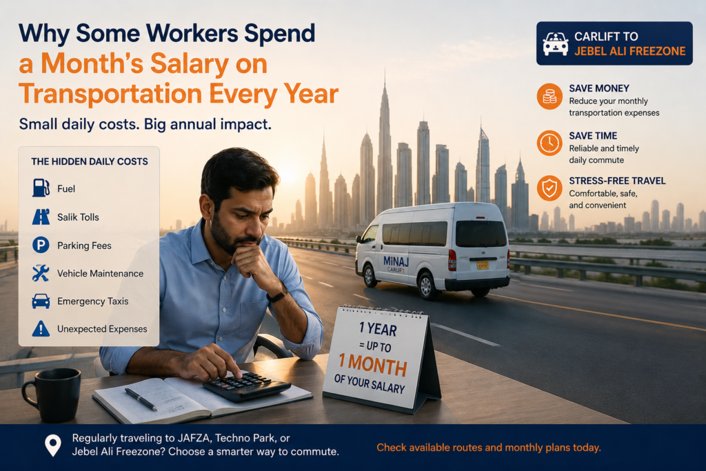 Employee calculating commuting expenses before choosing a car lift to Jebel Ali Freezone