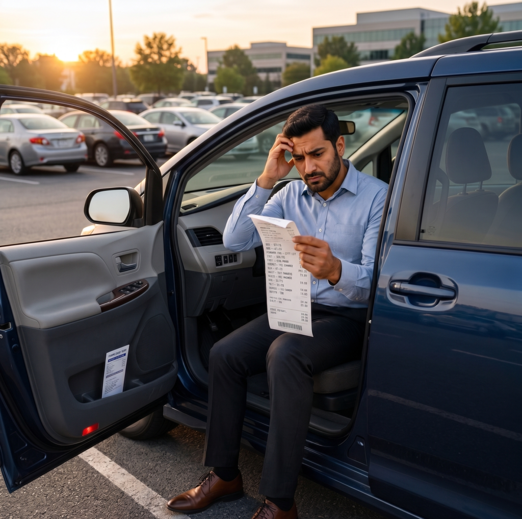 A stressed man sitting in his car looking at a long receipt for daily driving costs, showing why workers look for a Carlift to Jebel Ali