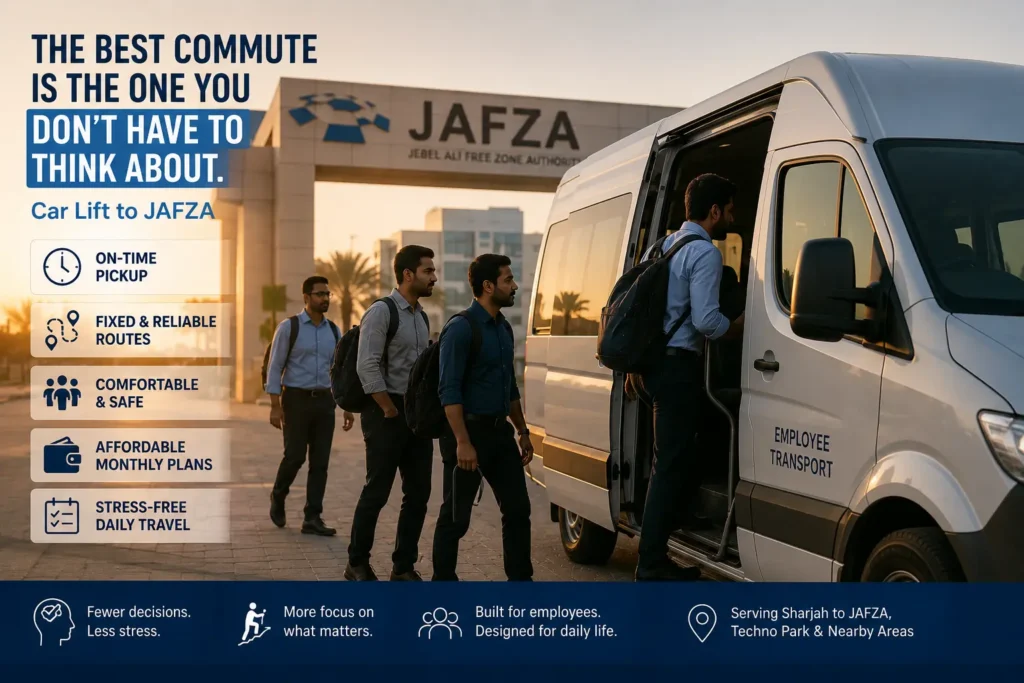 Employees travelling using a car lift to JAFZA from Sharjah