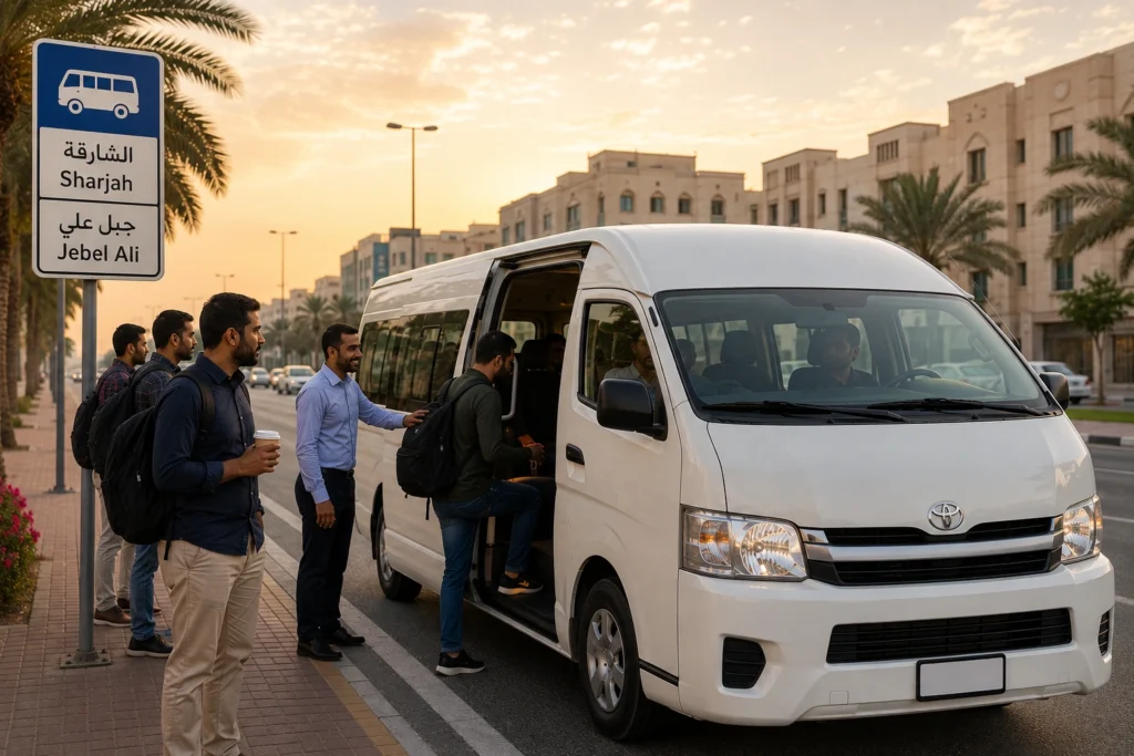 Daily commuters using a Sharjah to Jebel Ali Carlift service for work travel