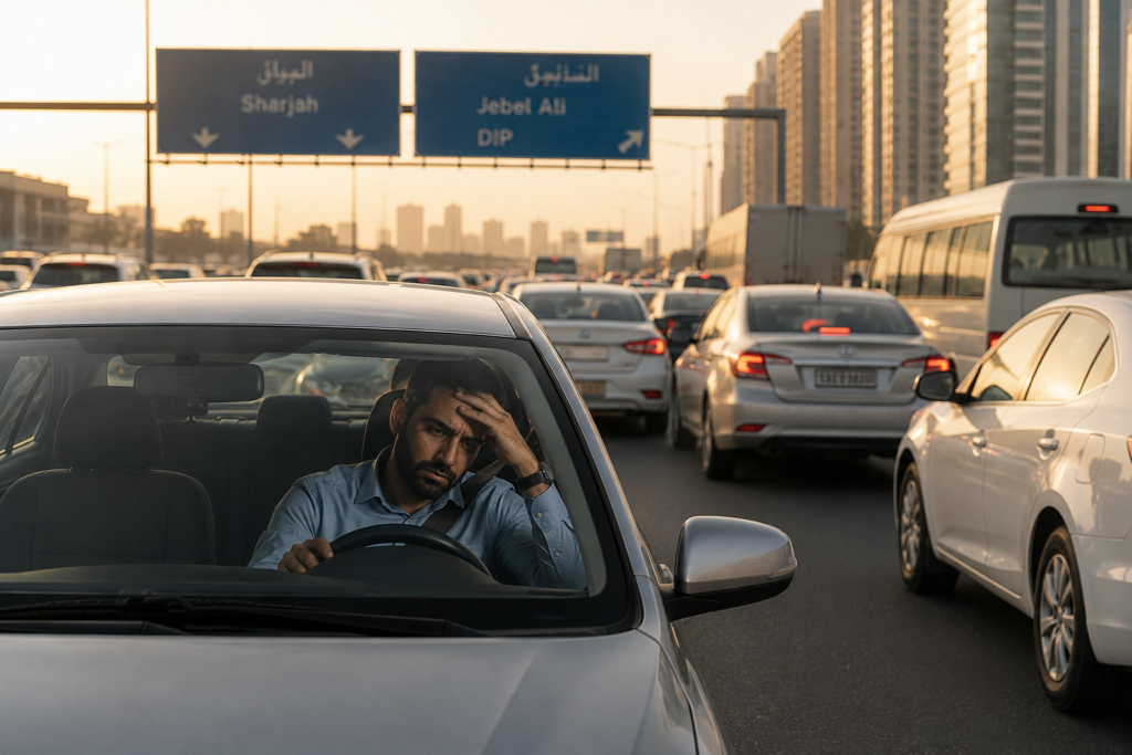 Tired driver in a Sharjah to Jebel Ali traffic jam needing a carlift